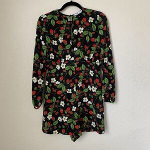 Zara Romper Jumpsuit Women M Black Strawberry Floral Long Sleeve Festival Party